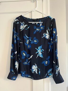 Banana Republic Navy Blue Floral Long-Sleeve Blouse